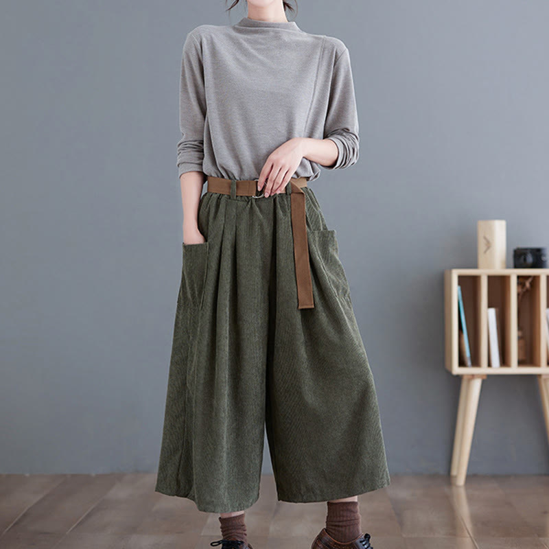 Buddha Stonesレトロ レディース ワイドレッグ 7-8丈 コーデュロイ コットンパンツ ポケット付き ベルト付き - image 14