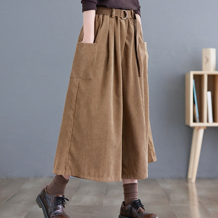 Buddha Stonesレトロ レディース ワイドレッグ 7-8丈 コーデュロイ コットンパンツ ポケット付き ベルト付き - image 4