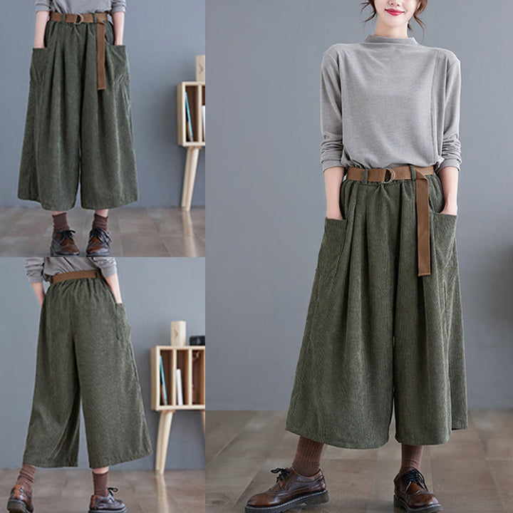 Buddha Stonesレトロ レディース ワイドレッグ 7-8丈 コーデュロイパンツ ポケット付き ベルト付き - image 15