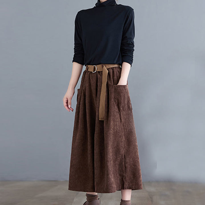Buddha Stonesレトロ レディース ワイドレッグ 7-8丈 コーデュロイ コットンパンツ ポケット付き ベルト付き - image 20