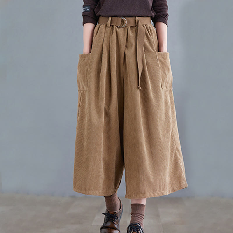 Buddha Stonesレトロ レディース ワイドレッグ 7-8丈 コーデュロイ コットンパンツ ポケット付き ベルト付き - image 2