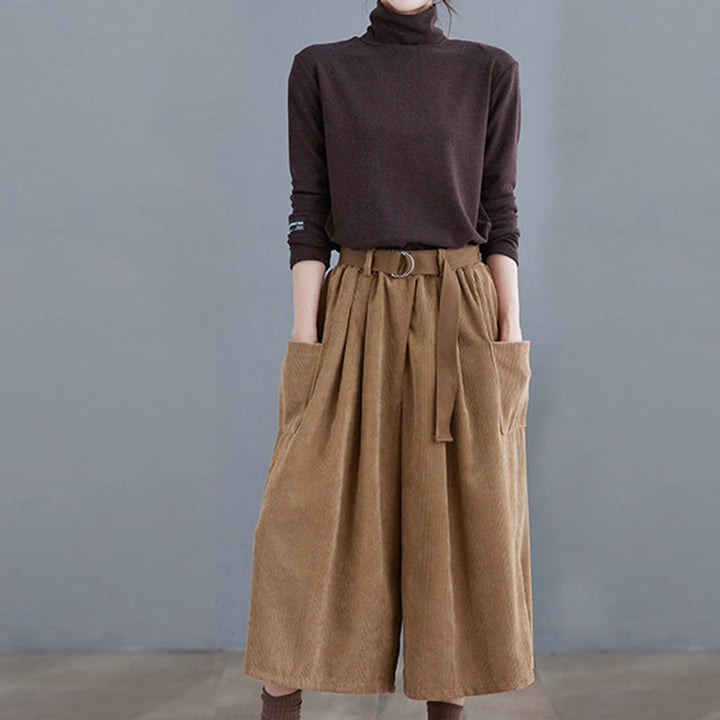 Buddha Stonesレトロ レディース ワイドレッグ 7-8丈 コーデュロイ コットンパンツ ポケット付き ベルト付き - image 6