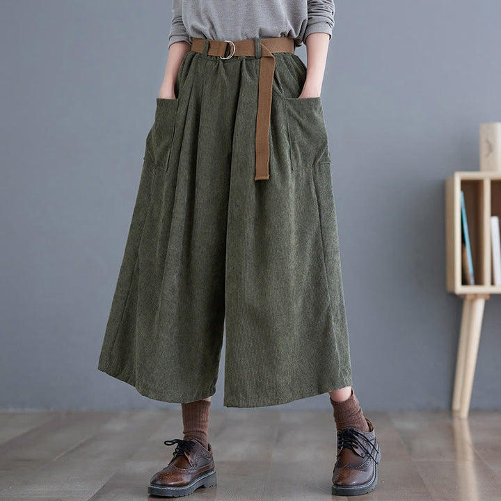 Buddha Stonesレトロ レディース ワイドレッグ 7-8丈 コーデュロイ コットンパンツ ポケット付き ベルト付き - ダークオリーブグリーン - US12、 UK/AU16、 EU44 (2XL) - image 12