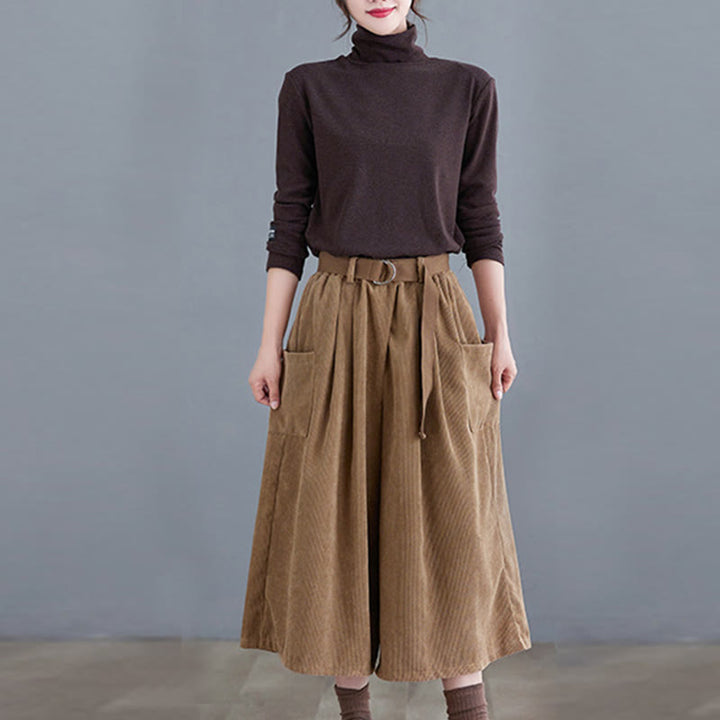 Buddha Stonesレトロ レディース ワイドレッグ 7-8丈 コーデュロイパンツ ポケット付き ベルト付き - image 4