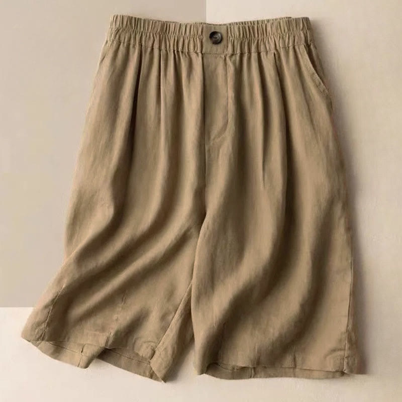 Buddha Stones夏 カジュアル 無地 ジッパーボタン コットンリネン レディース ショートパンツ ポケット付き - バーリーウッド - US8-10、 UK/AU12-14、EU40-42 (3XL) - image 1