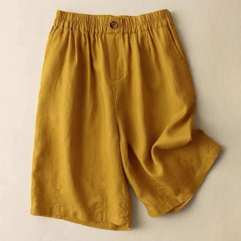 Buddha Stones夏 カジュアル 無地 ジッパーボタン コットンリネン レディース ショートパンツ ポケット付き - ゴールデンロッド - US8-10、 UK/AU12-14、EU40-42 (3XL) - image 3