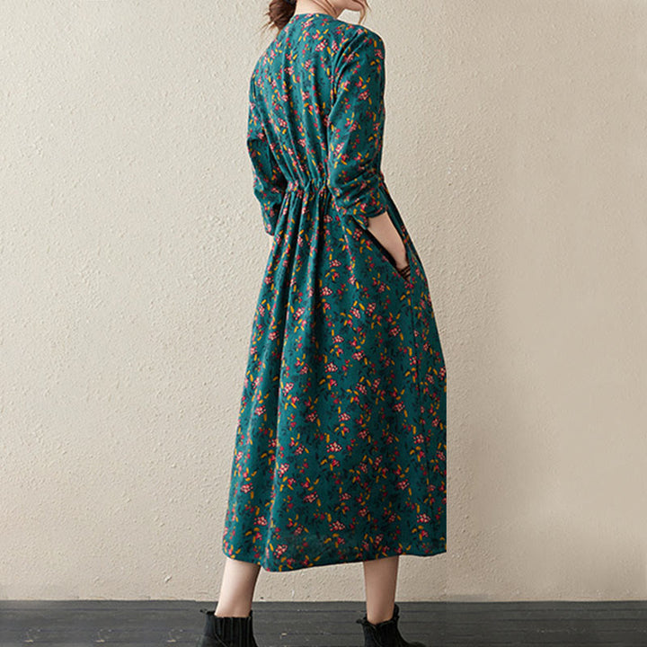 Buddha Stonesエスニックプリント花柄長袖ボタンデザインポケット付きミディドレス - image 8