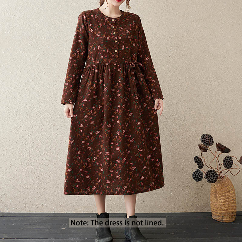 Buddha Stonesエスニックプリント花柄長袖ボタンデザインポケット付きミディドレス - image 1