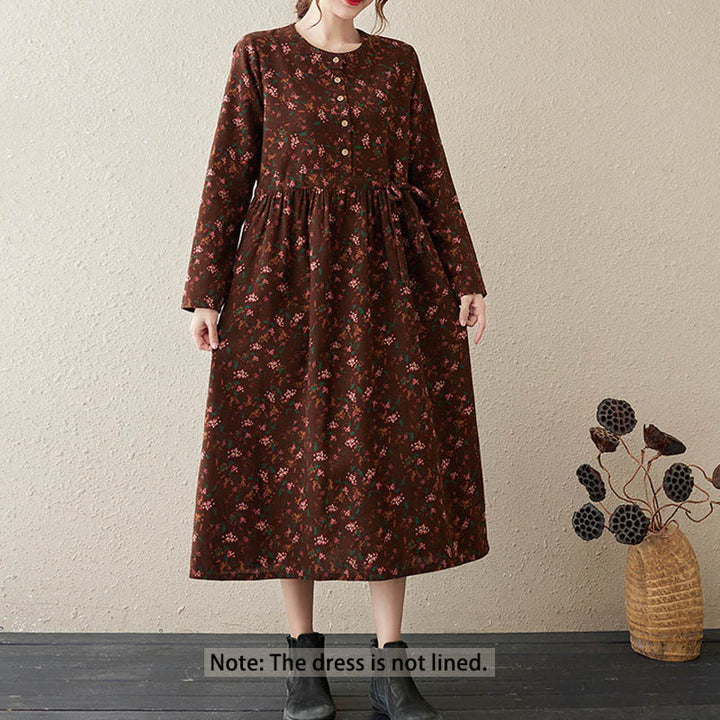 Buddha Stonesエスニックプリント花柄長袖ボタンデザインポケット付きミディドレス - image 1