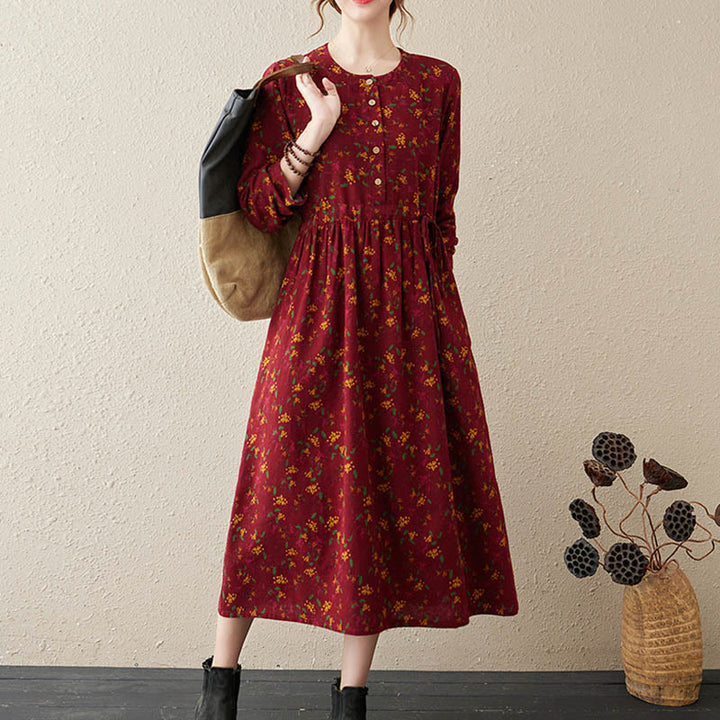 Buddha Stonesエスニックプリント花柄長袖ボタンデザインポケット付きミディドレス - image 12