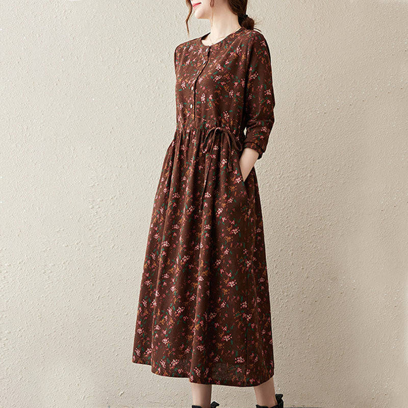Buddha Stonesエスニックプリント花柄長袖ボタンデザインポケット付きミディドレス - image 3