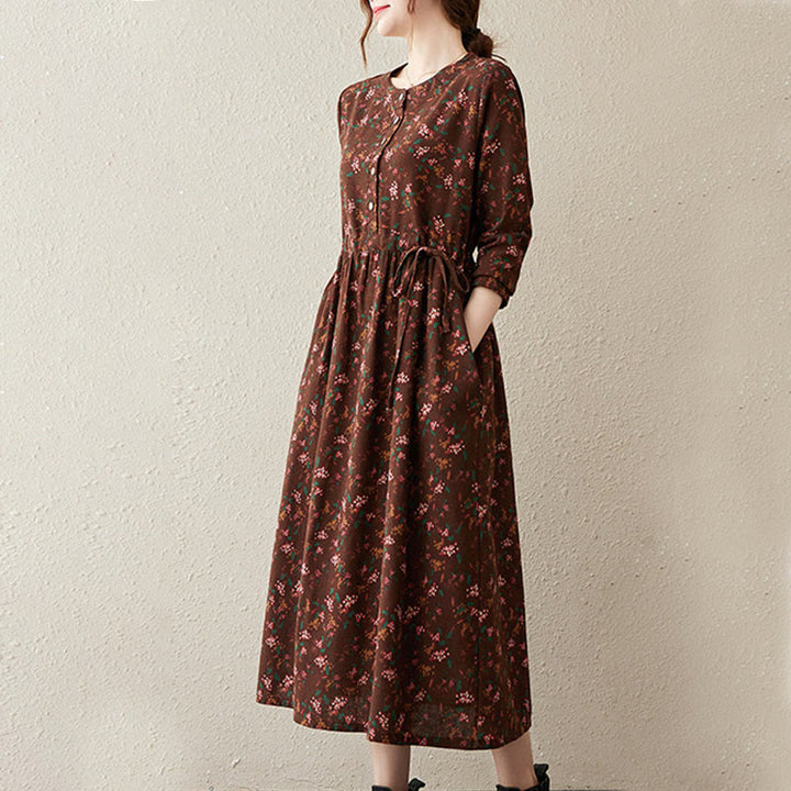 Buddha Stonesエスニックプリント花柄長袖ボタンデザインポケット付きミディドレス - image 3