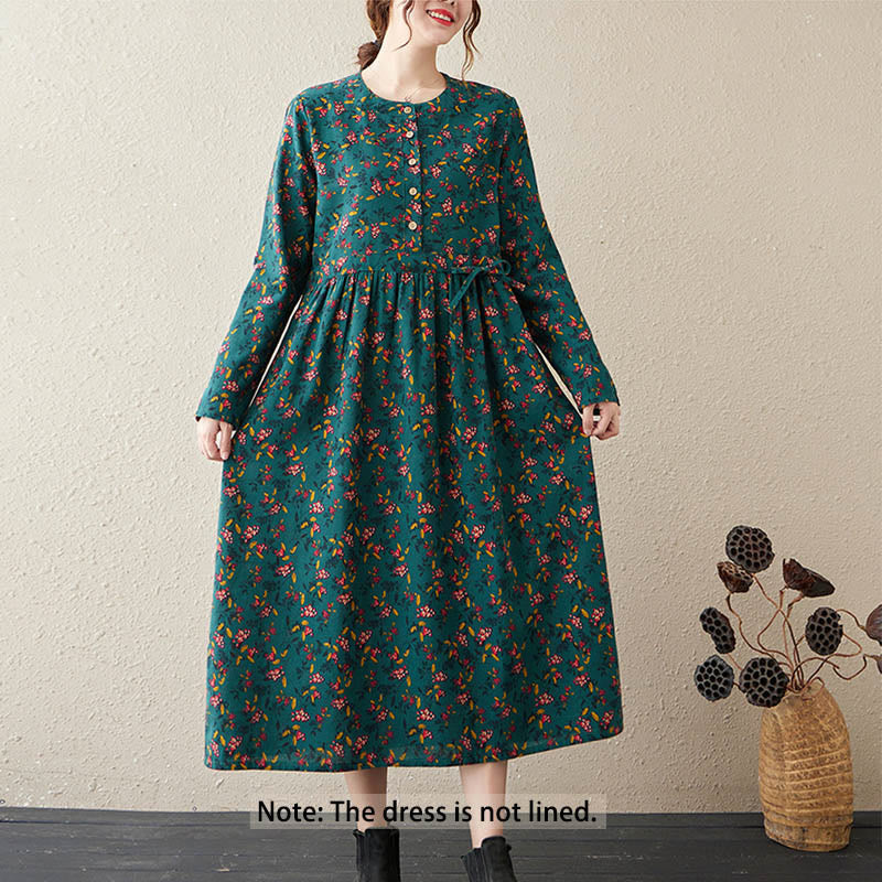 Buddha Stonesエスニックプリント花柄長袖ボタンデザインコットンリネンミディドレスポケット付き - image 7