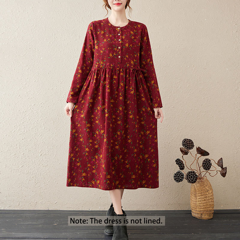 Buddha Stonesエスニックプリント花柄長袖ボタンデザインポケット付きミディドレス - image 11