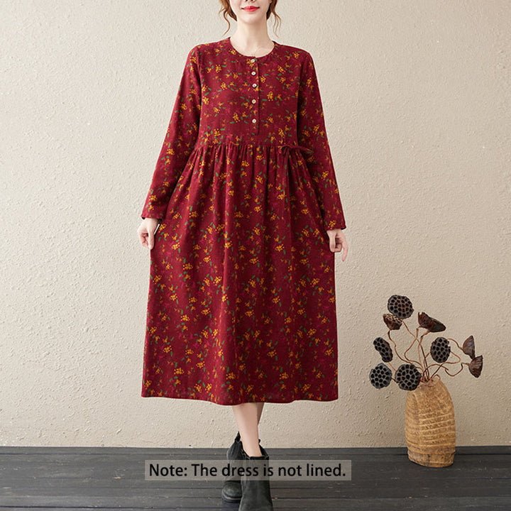 Buddha Stonesエスニックプリント花柄長袖ボタンデザインポケット付きミディドレス - image 11