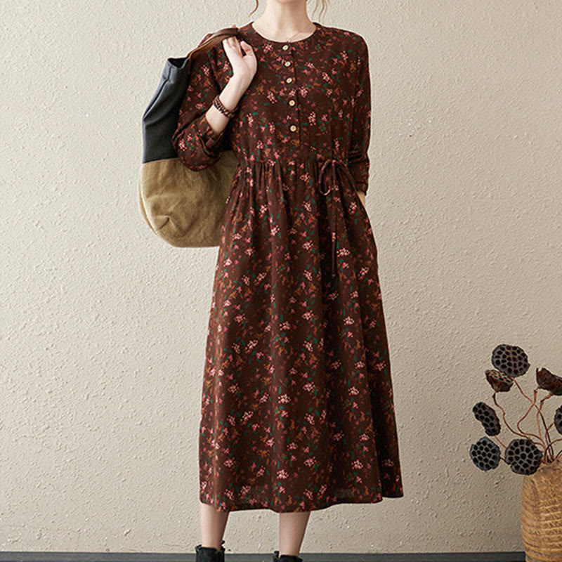 Buddha Stonesエスニックプリント花柄長袖ボタンデザインポケット付きミディドレス - image 4