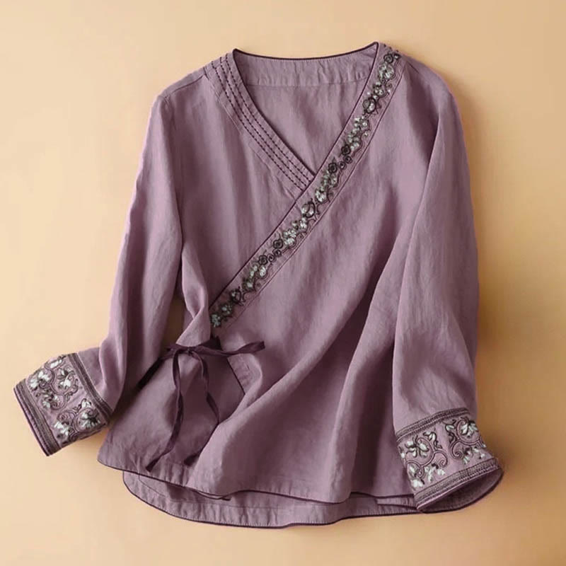 Buddha Stonesカジュアル 刺繍 花 斜め襟 ストラップ 長袖 コットン レディース シャツ - 蘭 - US12、 UK/AU16、 EU44 (3XL) - image 7