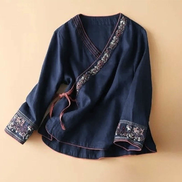 Buddha Stonesカジュアル 刺繍 花 斜め襟 ストラップ 長袖 コットン レディース シャツ - 海軍 - US12、 UK/AU16、 EU44 (3XL) - image 10