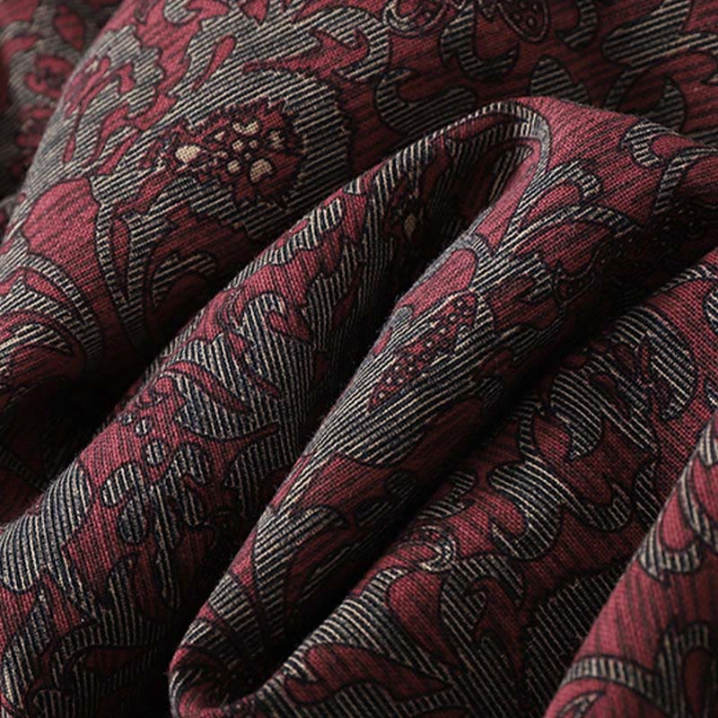 Buddha Stonesブラウンプリント 花柄 ラペル コットンリネン 長袖 ミディドレス ポケット付き - image 8