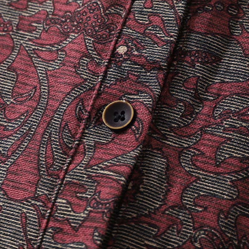 Buddha Stonesブラウンプリント 花柄 ラペル コットンリネン 長袖 ミディドレス ポケット付き - image 6