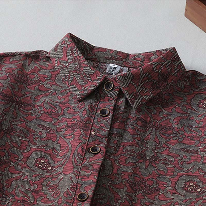 Buddha Stonesブラウンプリント 花柄 ラペル コットンリネン 長袖 ミディドレス ポケット付き - image 2