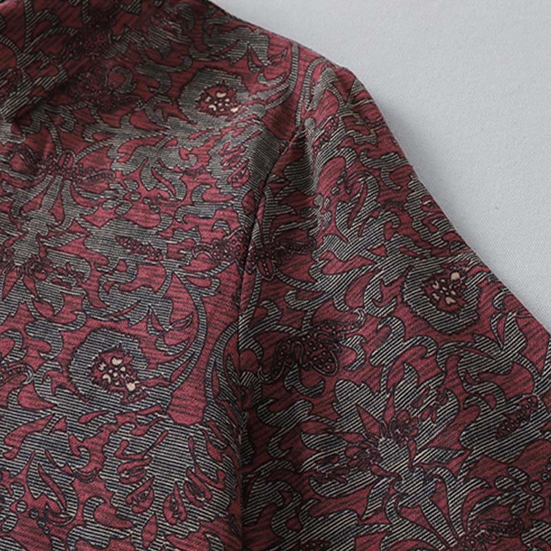 Buddha Stonesブラウンプリント 花柄 ラペル コットンリネン 長袖 ミディドレス ポケット付き - image 5