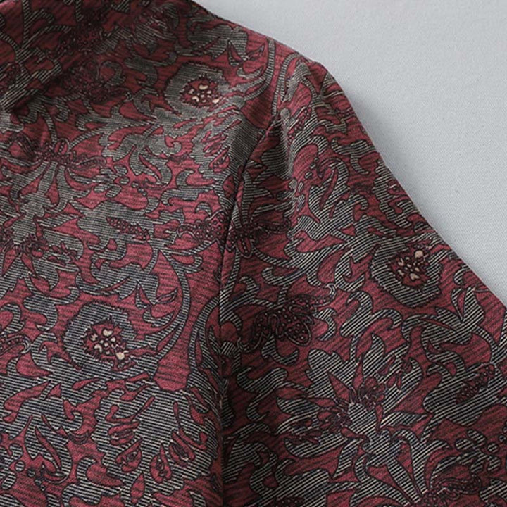 Buddha Stonesブラウンプリント 花柄 ラペル コットンリネン 長袖 ミディドレス ポケット付き - image 5