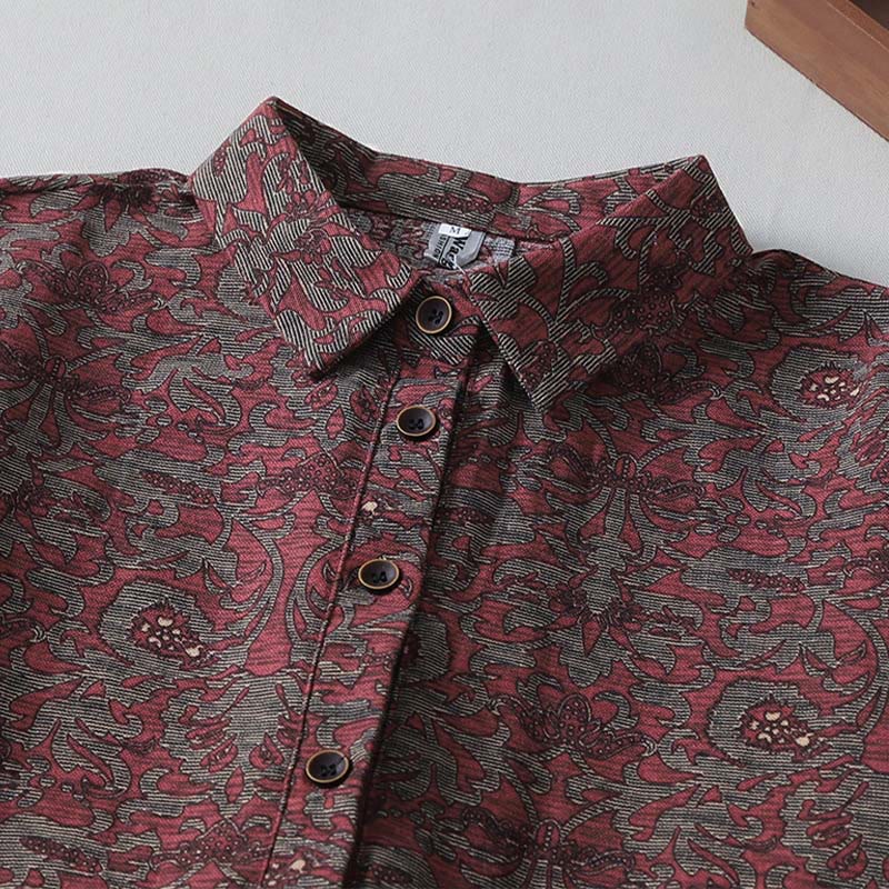 Buddha Stonesブラウンプリント 花柄 ラペル コットンリネン 長袖 ミディドレス ポケット付き - image 4