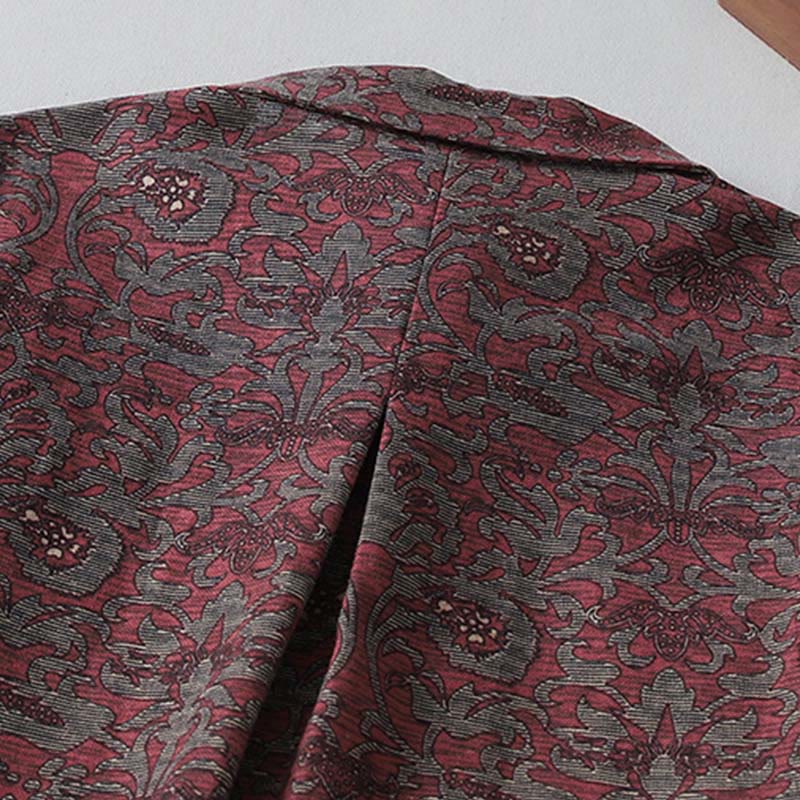 Buddha Stonesブラウンプリント 花柄 ラペル コットンリネン 長袖 ミディドレス ポケット付き - image 5