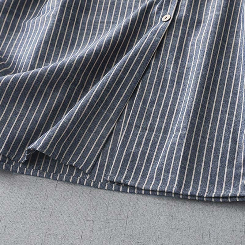 Buddha Stones LightSteelBlue ホワイトストライプ 長袖 ラペル コットンリネン ミディドレス ポケット付き - image 8