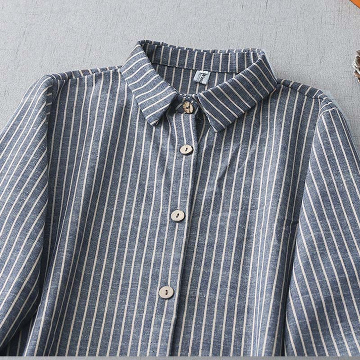 Buddha Stones LightSteelBlue ホワイトストライプ 長袖 ラペル コットンリネン ミディドレス ポケット付き - image 2