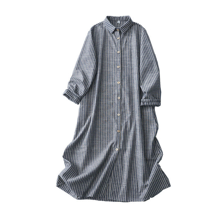 Buddha Stones LightSteelBlue ホワイトストライプ 長袖 ラペル コットンリネン ミディドレス ポケット付き - image 11