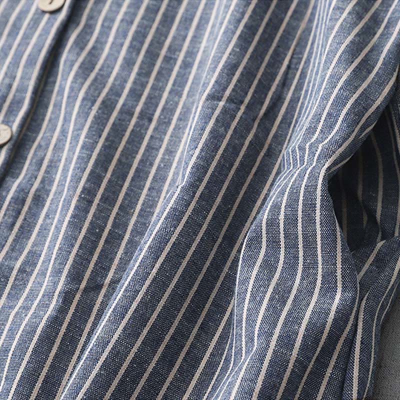 Buddha Stones LightSteelBlue ホワイトストライプ 長袖 ラペル コットンリネン ミディドレス ポケット付き - image 5