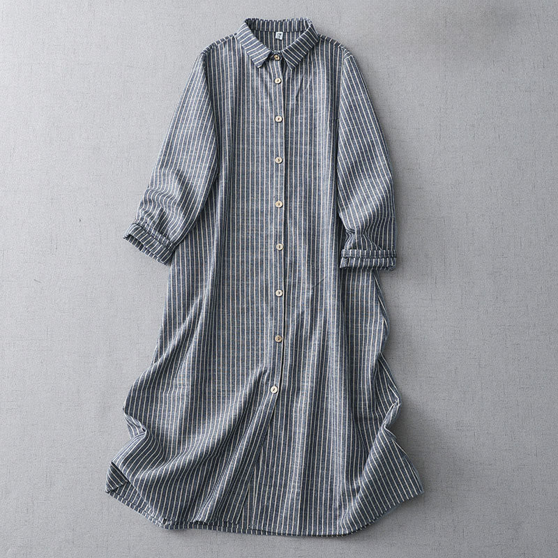 Buddha Stones LightSteelBlue ホワイトストライプ 長袖 ラペル コットンリネン ミディドレス ポケット付き - ライトスチールブルー - US8-10，UK/AU12-14，EU40-42 (2XL) - image 1