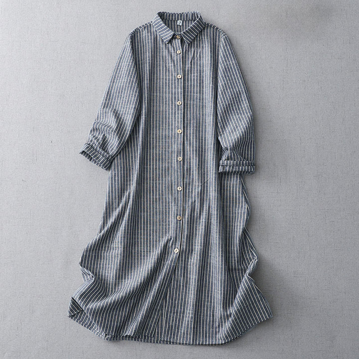 Buddha Stones LightSteelBlue ホワイトストライプ 長袖 ラペル コットンリネン ミディドレス ポケット付き - ライトスチールブルー - US8-10，UK/AU12-14，EU40-42 (2XL) - image 1