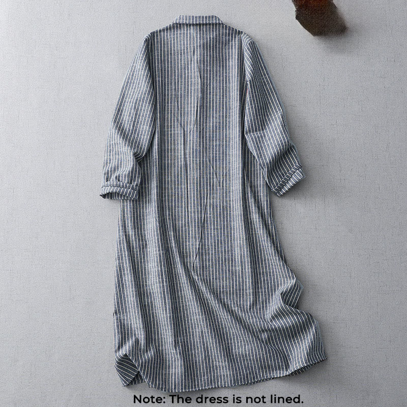 Buddha Stones LightSteelBlue ホワイトストライプ 長袖 ラペル コットンリネン ミディドレス ポケット付き - image 1