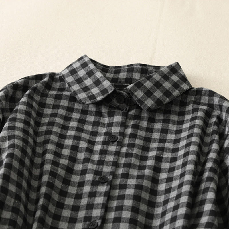 Buddha Stonesブラック レースアップデザイン チェック柄ラペル 長袖 コットンリネン ミディドレス ポケット付き - image 2