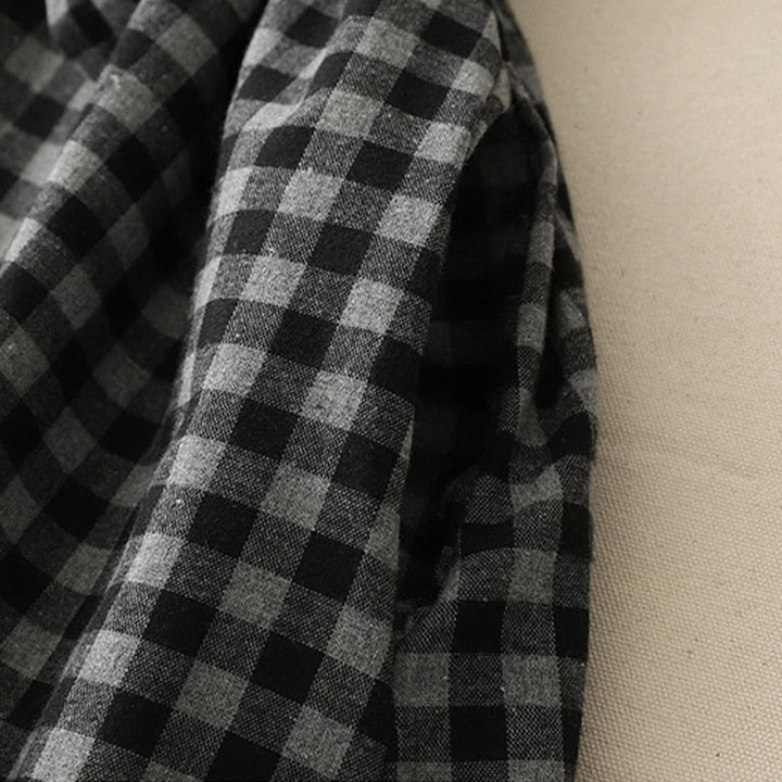 Buddha Stonesブラック レースアップデザイン チェック柄ラペル 長袖 コットンリネン ミディドレス ポケット付き - image 7
