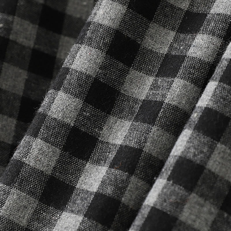 Buddha Stonesブラック レースアップデザイン チェック柄ラペル 長袖 コットンリネン ミディドレス ポケット付き - image 6