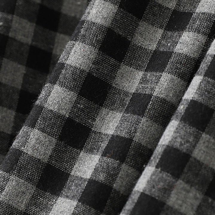 Buddha Stonesブラック レースアップデザイン チェック柄ラペル 長袖 コットンリネン ミディドレス ポケット付き - image 6