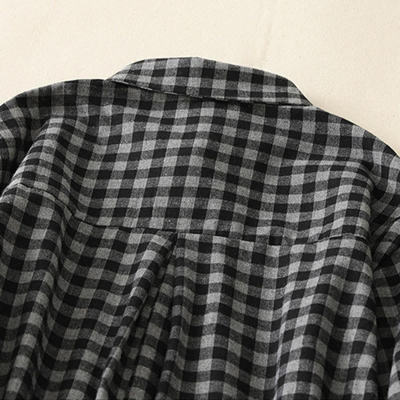 Buddha Stonesブラック レースアップデザイン チェック柄ラペル 長袖 コットンリネン ミディドレス ポケット付き - image 3