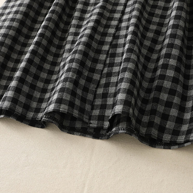 Buddha Stonesブラック レースアップデザイン チェック柄ラペル 長袖 コットンリネン ミディドレス ポケット付き - image 10