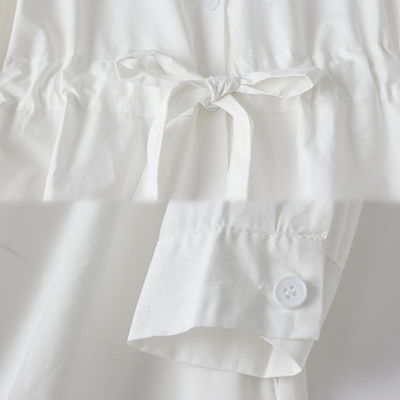 Buddha Stonesプリントの不規則なラインが特徴的な長袖レースアップラペルコットンミディドレス（ポケット付き） - image 13