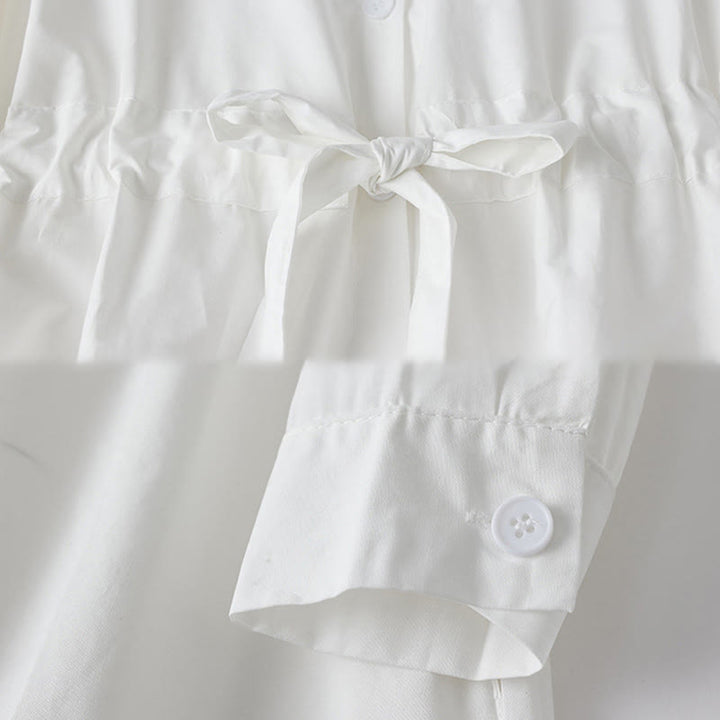 Buddha Stonesプリントの不規則なラインが特徴的な長袖レースアップラペルコットンミディドレス（ポケット付き） - image 13