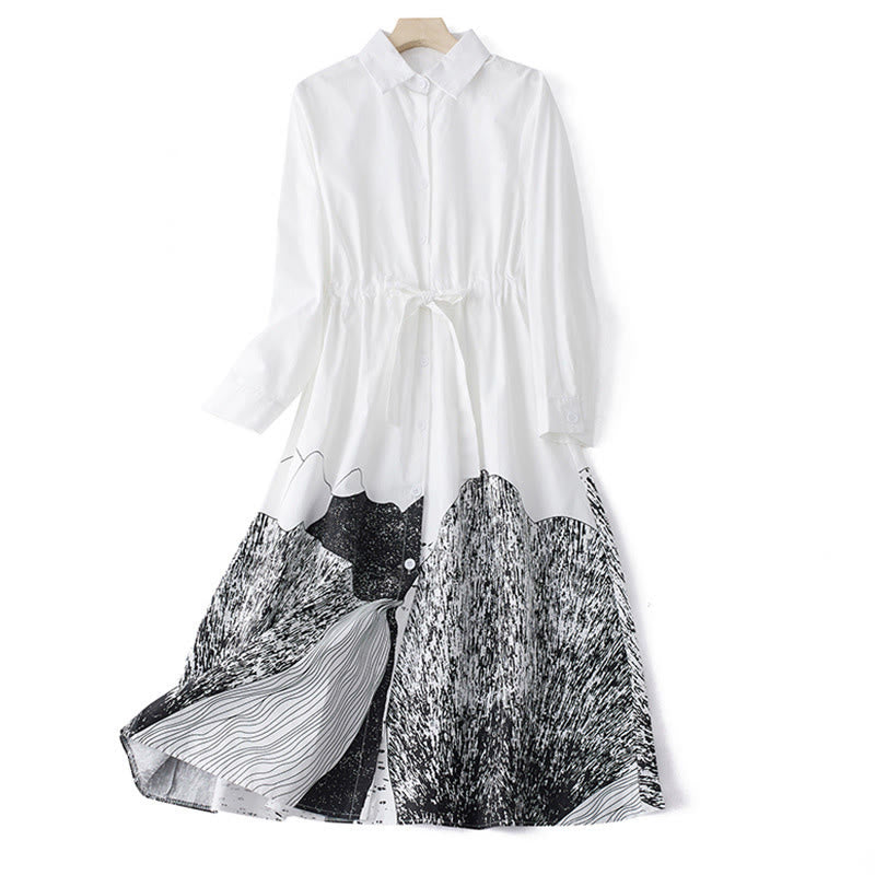 Buddha Stonesプリントの不規則なラインが特徴的な長袖レースアップラペルコットンミディドレス（ポケット付き） - 白 - US8-10，UK/AU12-14，EU40-42 (2XL) - image 9