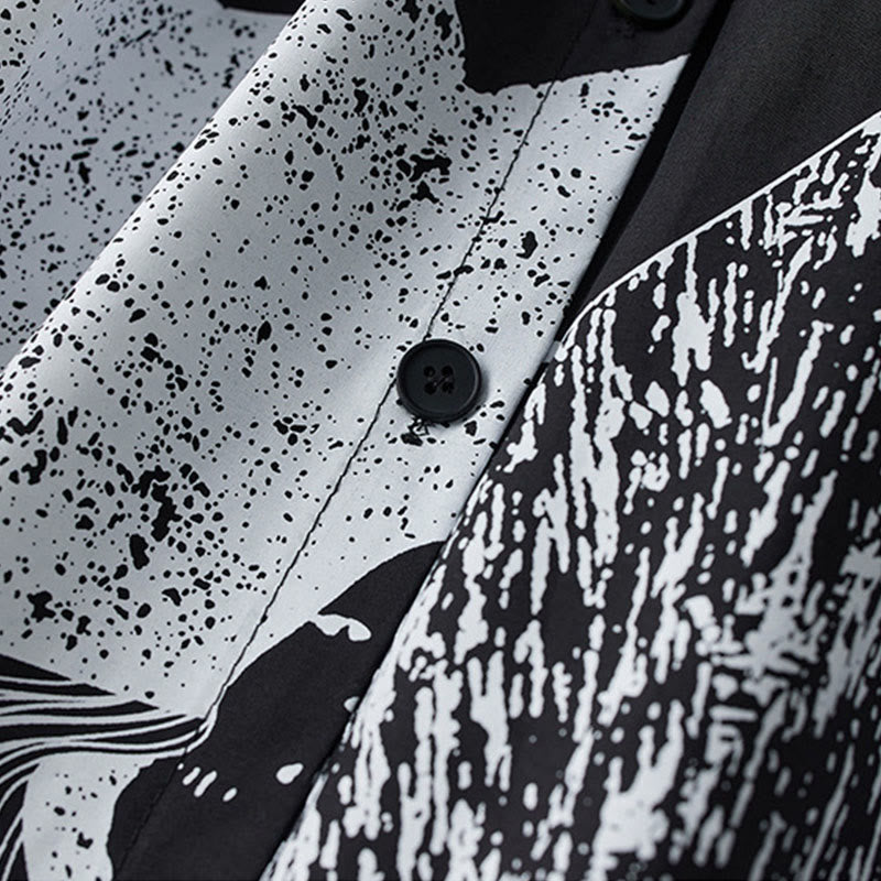 Buddha Stonesプリントの不規則なラインが特徴的な長袖レースアップラペルコットンミディドレス（ポケット付き） - image 7