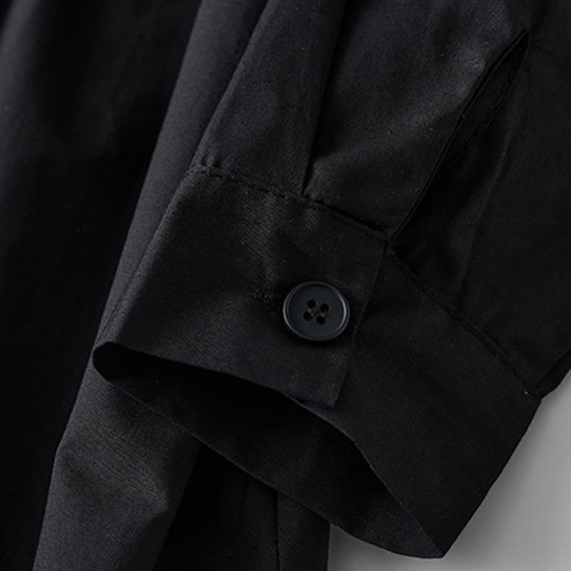 Buddha Stonesプリントの不規則なラインが特徴的な長袖レースアップラペルコットンミディドレス（ポケット付き） - image 6