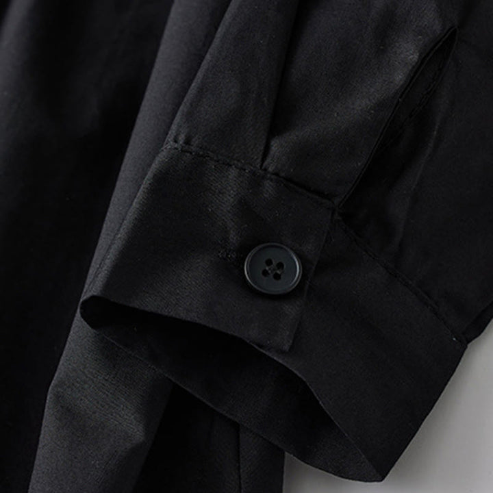 Buddha Stonesプリントの不規則なラインが特徴的な長袖レースアップラペルコットンミディドレス（ポケット付き） - image 6