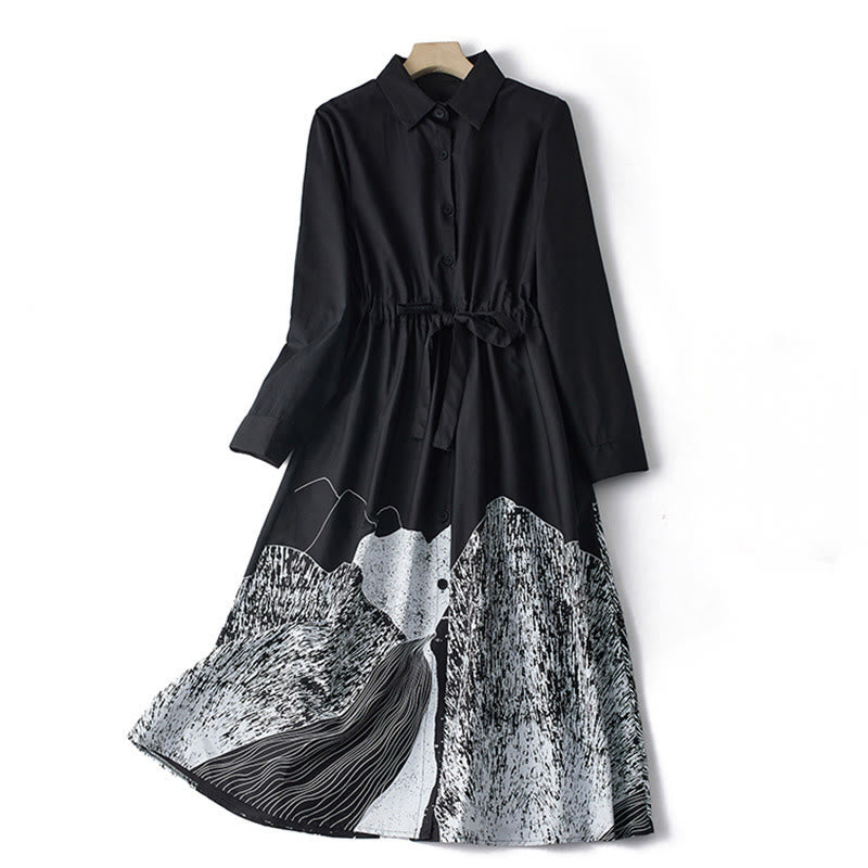 Buddha Stonesプリントの不規則なラインが特徴的な長袖レースアップラペルコットンミディドレス（ポケット付き） - 黒 - US8-10，UK/AU12-14，EU40-42 (2XL) - image 0