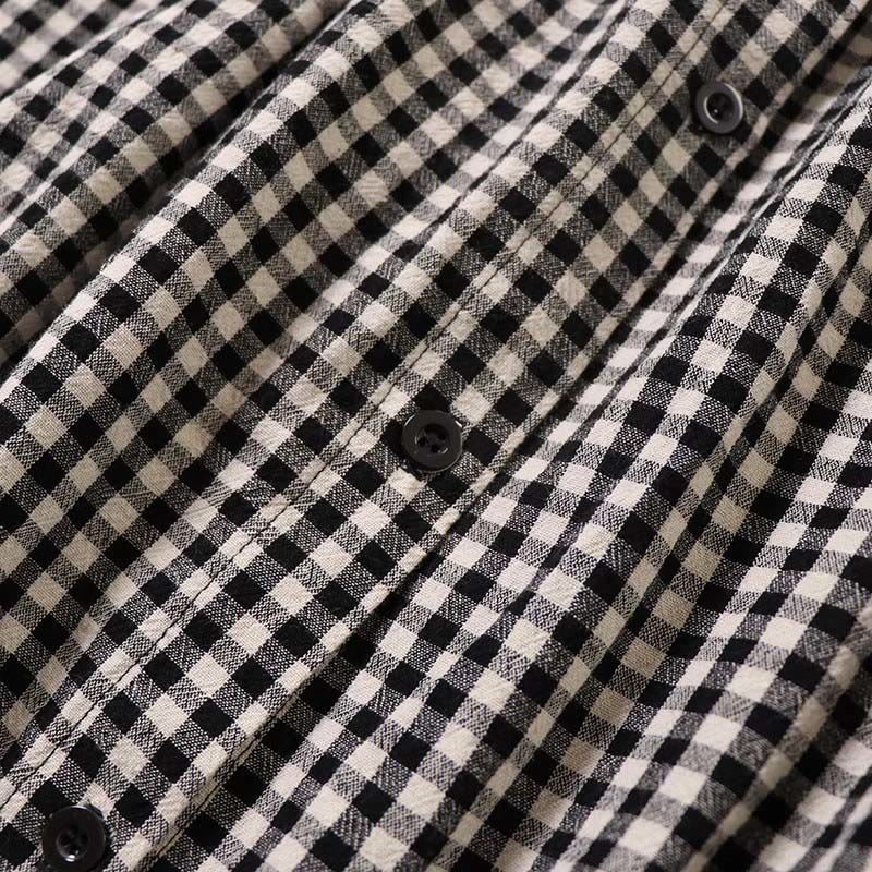 Buddha Stones長袖 チェック柄 シンプルボタン フリルデザイン コットンリネン ミディドレス ポケット付き - image 15